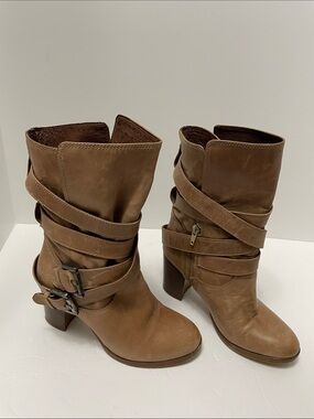 Massimo Baldi Tan Wrap-Strap Mid-Calf Heeled Boots Sz EU36 US 5.5-6